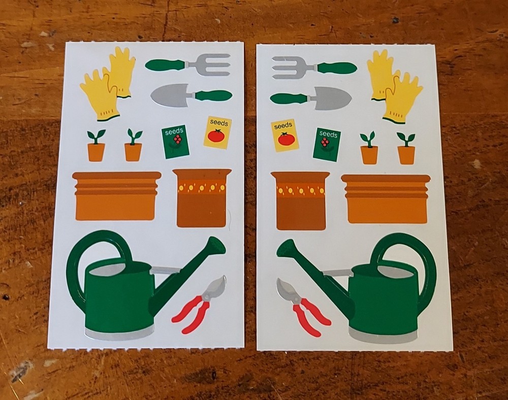 Mrs. Grossman Two Half Strips ~ Planter & Garden Tools…Sprinkler, Gloves.