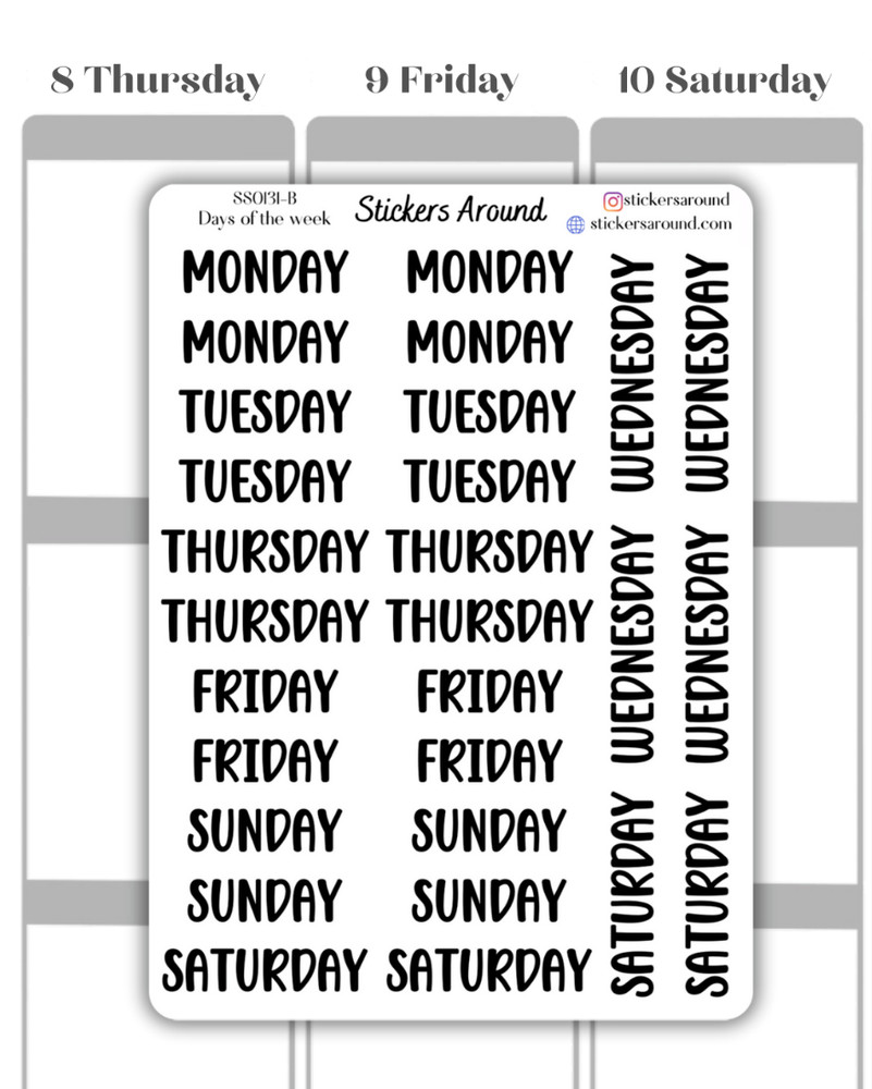 Black Days of the Week Script Planner Sticker, Journaling Stickers