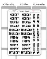 Black Days of the Week Script Planner Sticker, Journaling Stickers