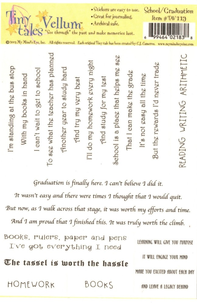 TINY TALES – VELLUM STICKERS – SCHOOL / GRADUATION – 17.5cm x 12cm