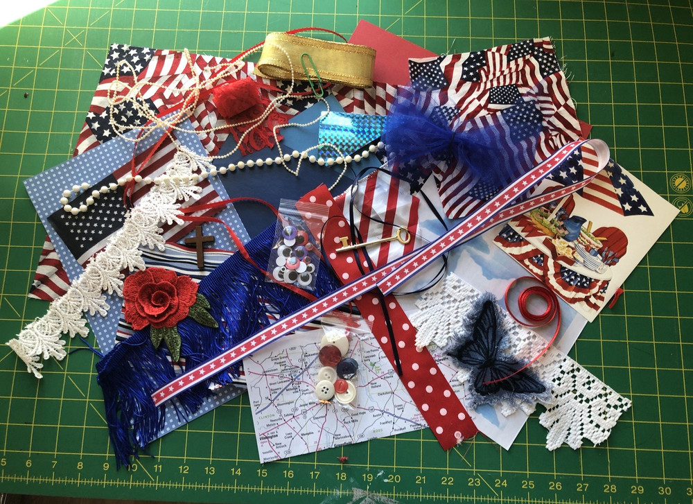 Red White and Blue Lot Junk Journal Scrapbooking Paper Beads Fabric Lace