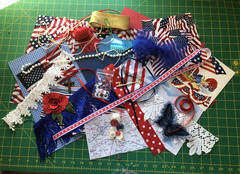 Red White and Blue Lot Junk Journal Scrapbooking Paper Beads Fabric Lace