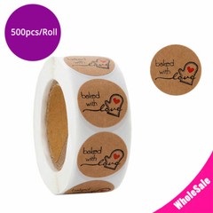 500 1in Kraft Heart Baked with Love Sticker Round Shaped Chrome Paper For Bakery