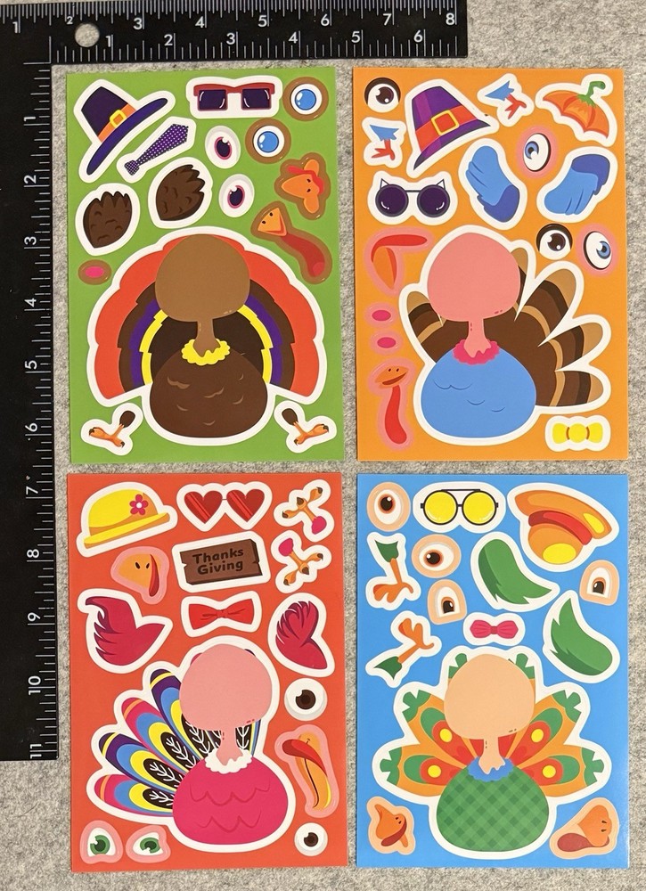 Lot of 4 Sheets Turkey Thanksgiving Face Paper Doll Stickers