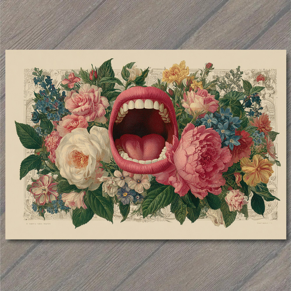 STICKER Floral Collage Open Mouth Roses Botanical Surreal