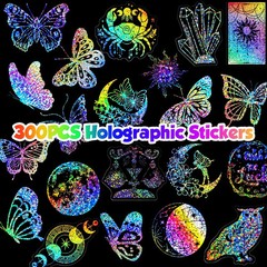 300Pcs Holographic Stickers, Waterproof Colorful Butterfly and Magic World Resin