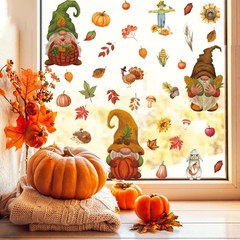 9 Sheets Autumn Maple Leaf Pumpkin Gnome Window Stickers PVC Fall Window Decals