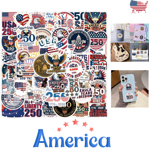 50 PACK USA AMERICA ANNIVERSARY 250 YEARS 1776 2026 Sticker Decal Bulk Lot Set