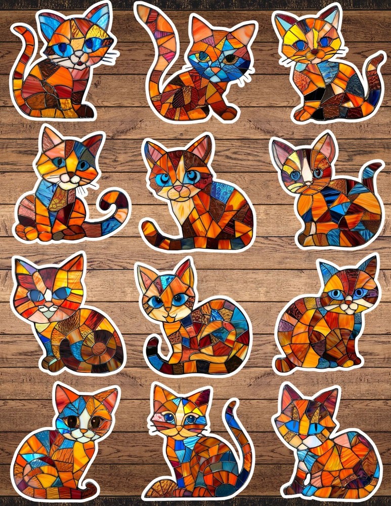 Stained Glass Cat Die Cut Vinyl Stickers Set Scrapbooking Laptop Waterbottle