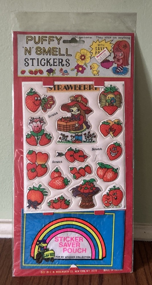 Vintage 1980s Woolworth STRAWBERRY Puffy ‘N’ Smell Stickers + Saver Pouch NOS