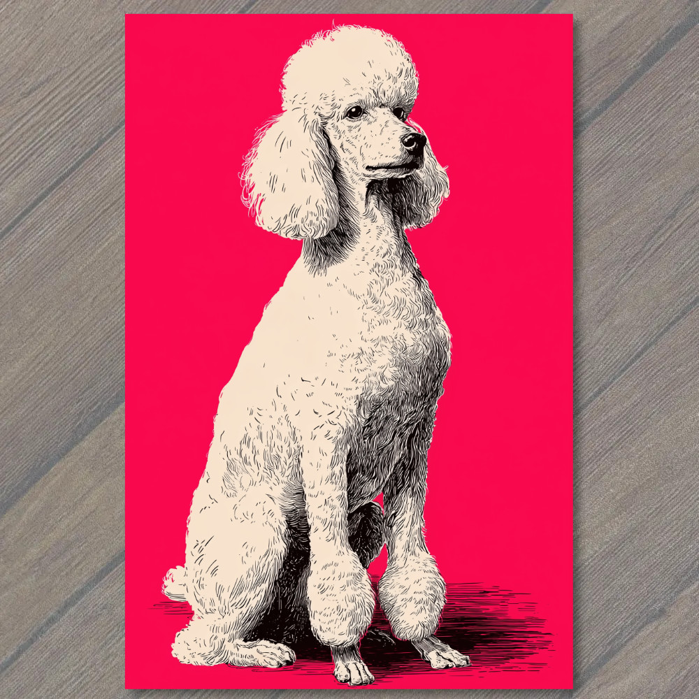 STICKER Poodle Red Background Sitting Dog White Fur Black Ink Retro Style Art