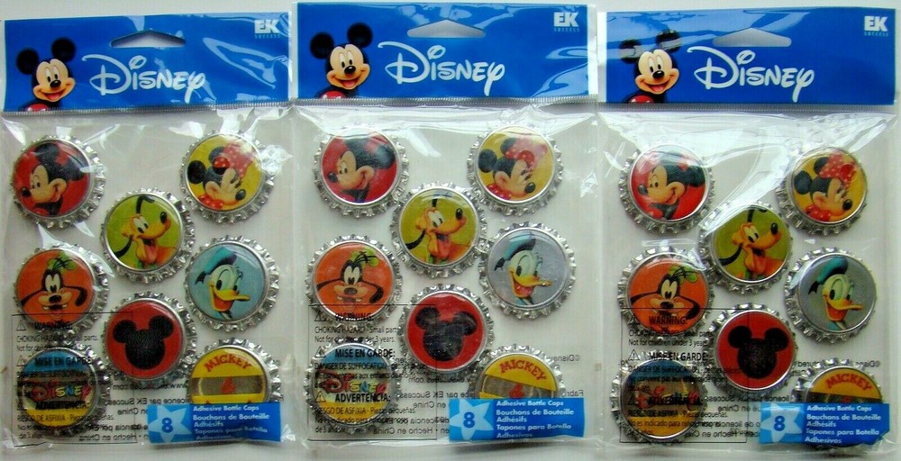 MICKEY LOT OF 3 EK Success Adhesive Bottle Caps NEW! DBCM001 Minnie Donald Goofy