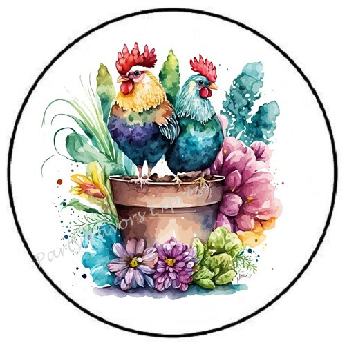 ROOSTER HEN ON FLOWER POT ENVELOPE SEALS LABELS STICKERS PARTY FAVORS