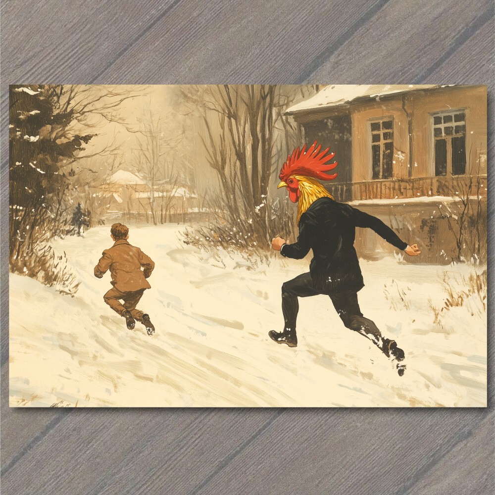 STICKER Rooster Head Man Chicken Boy Snow Humor Animal Suit Weird Strange Odd