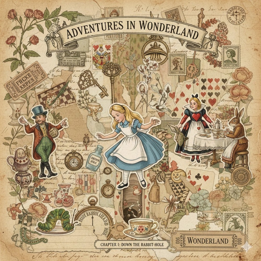 Alice In Wonderland Collage Page Junk Journal Scrapbook