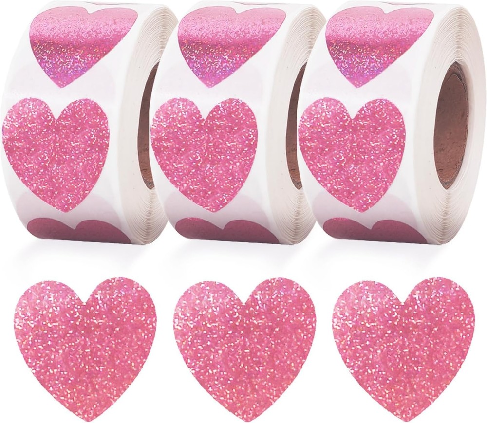 1500 Labels Glitter Pink Heart Stickers 1 inch Sparkling Cute Adhesive for