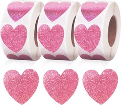 1500 Labels Glitter Pink Heart Stickers 1 inch Sparkling Cute Adhesive for