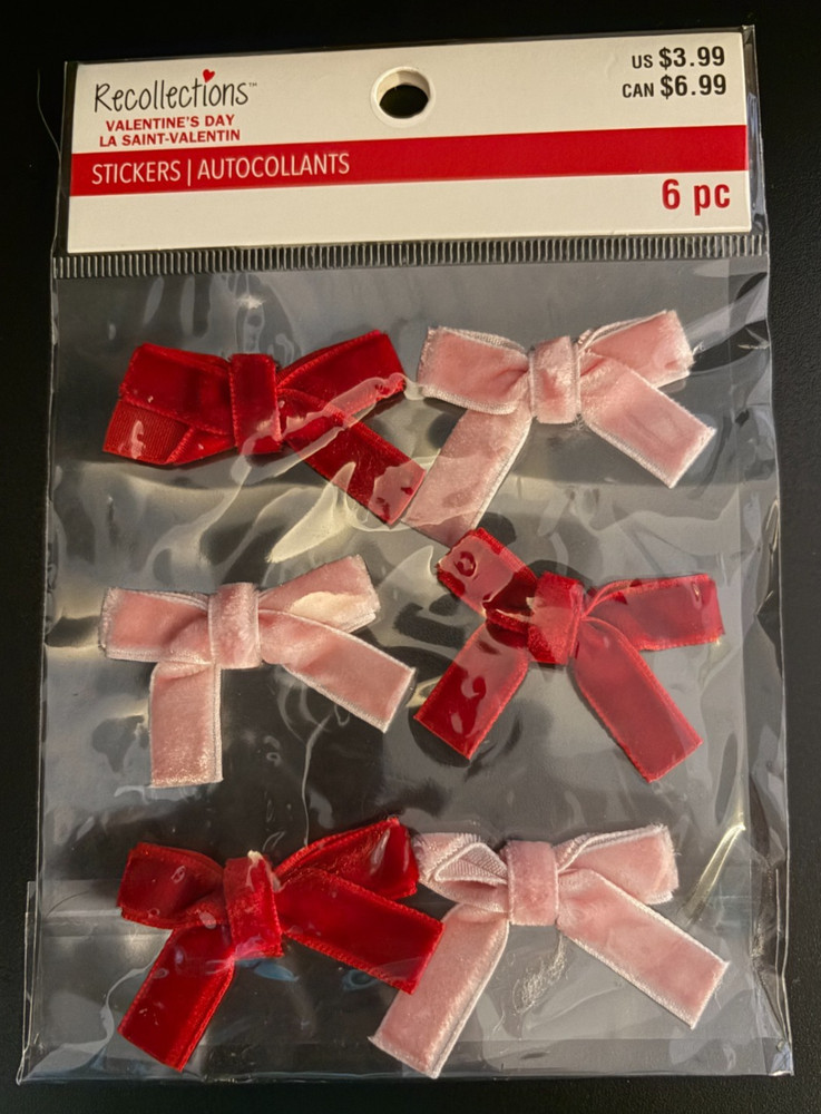 RECOLLECTIONS VALENTINE’S DAY VELVETEEN BOWS DIMENSIONAL STICKERS 6PC ROMANCE