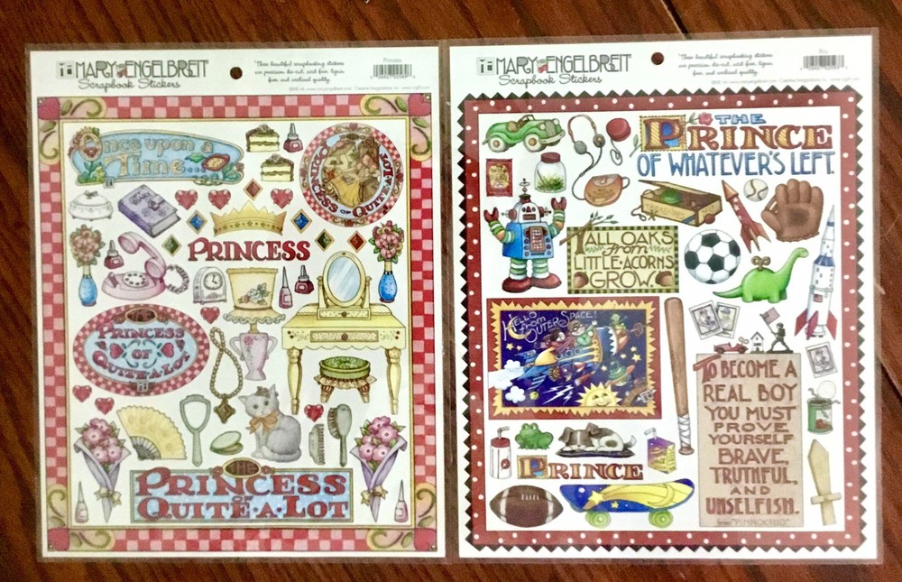 Mary Engelbreit Lot of 2 Scrapbook Sticker Sheets PRINCE & PRINCESS 8 x 10 NIP