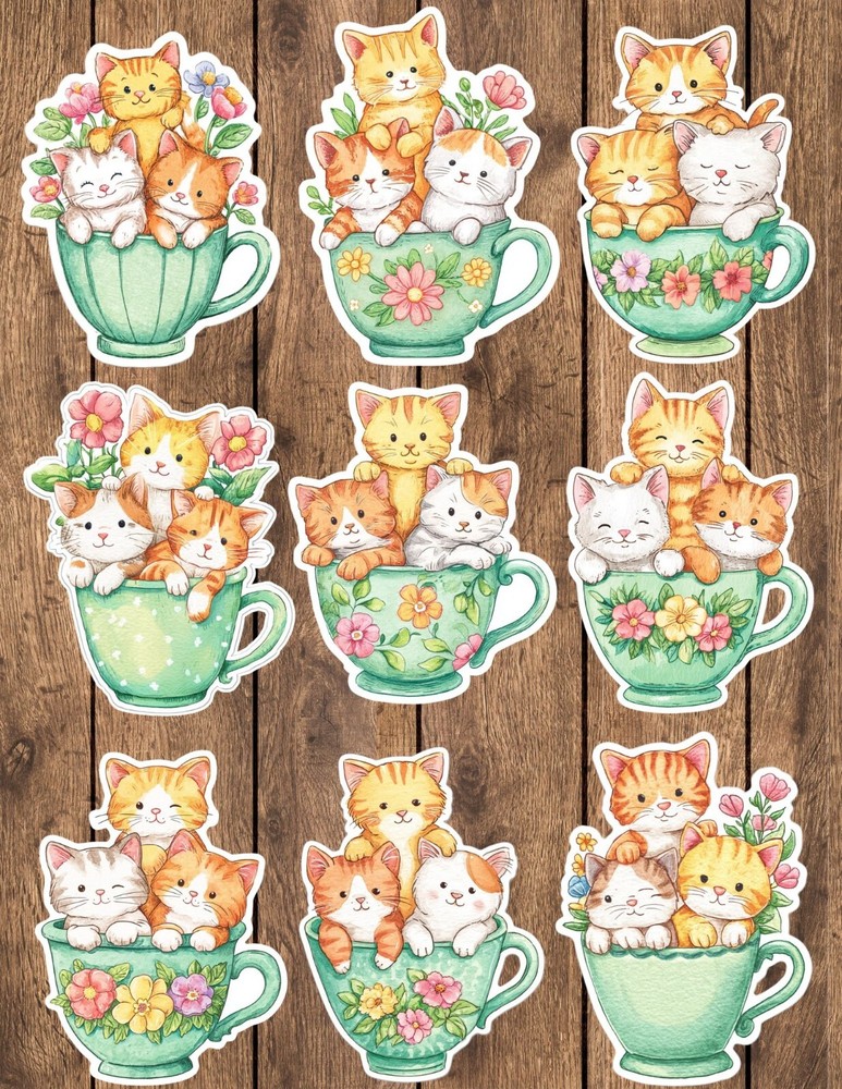 3 Kittens in a Teacup Die Cut Vinyl Stickers Set Scrapbooking Laptop Waterbottle