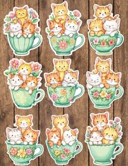 3 Kittens in a Teacup Die Cut Vinyl Stickers Set Scrapbooking Laptop Waterbottle