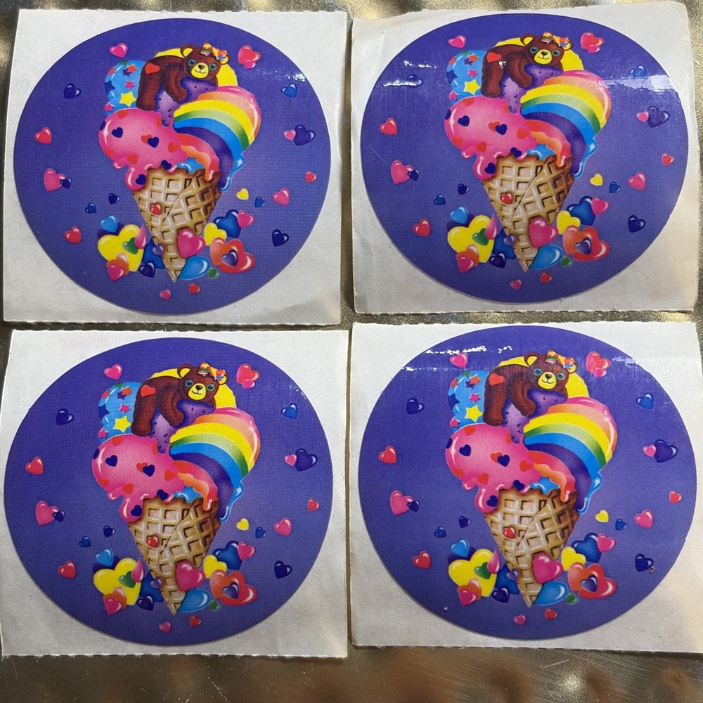 VINTAGE 80’S LISA FRANK GLOSSY BEAR ON RAINBOW ICE CREAM STICKER LOT OF 4
