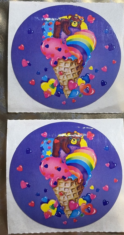 VINTAGE 80’S LISA FRANK GLOSSY BEAR ON RAINBOW ICE CREAM STICKER LOT OF 2