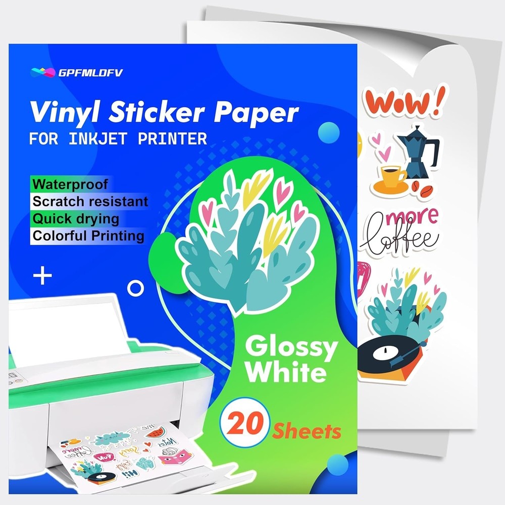 20 Glossy Sticker Sheets – Waterproof Vinyl for Inkjet & Laser Printers