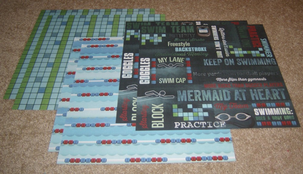 Karen Foster Design Single Sided Paper Lot of Six ~ Swim on Collage/Lanes/Tiles
