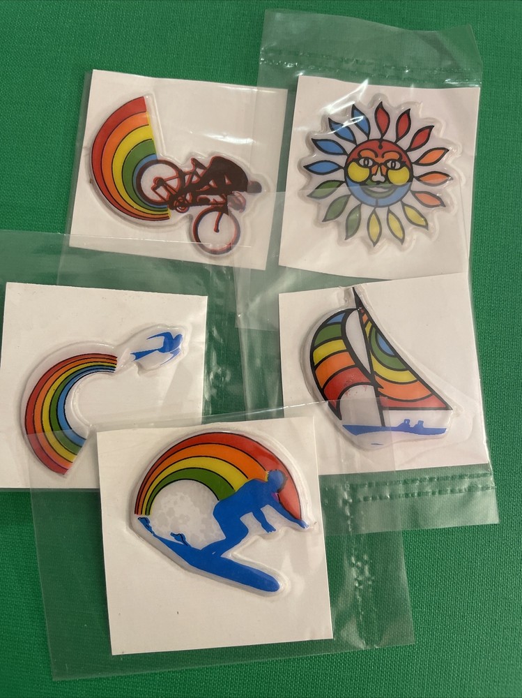 5 Rainbow Puffy Stickers vtg 1980s sailboat surfer sun sail boat bicycle lot A