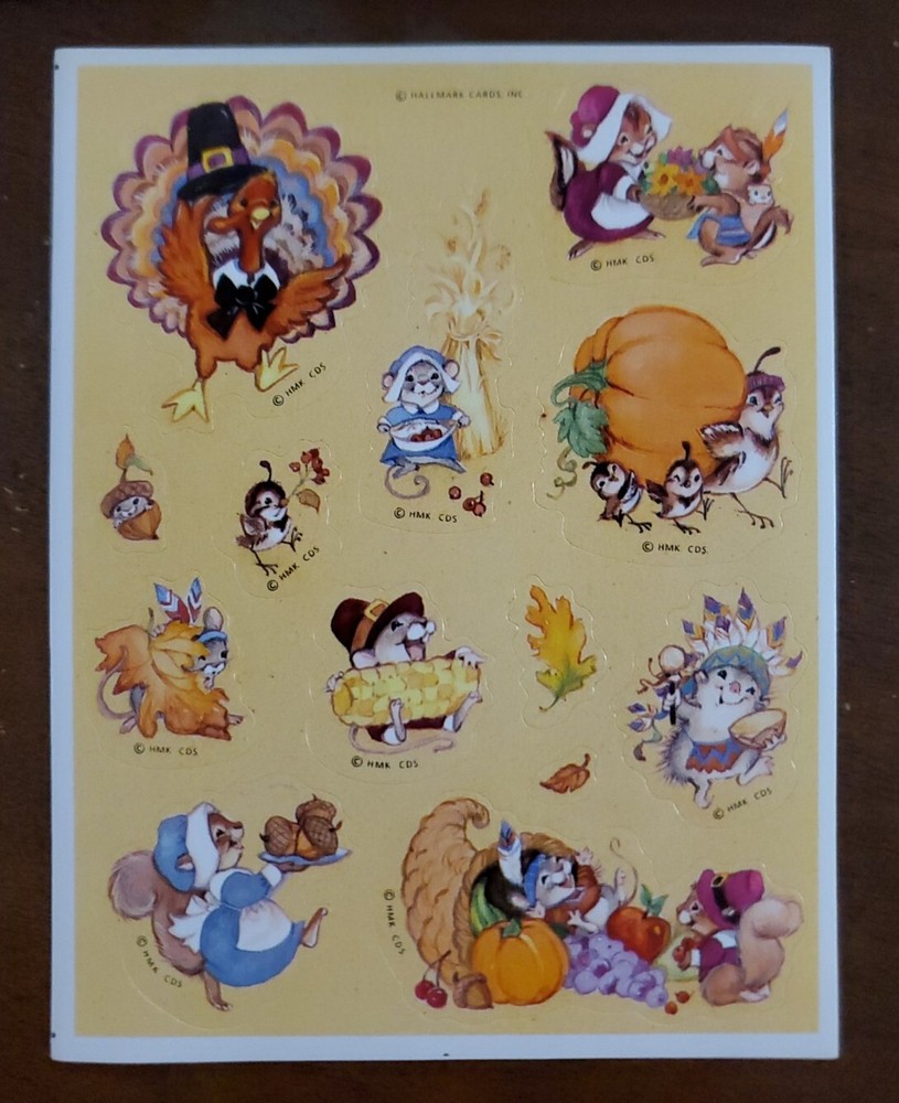 Vintage Hallmark Thanksgiving Fall themed sticker sheet, cute woodland animals