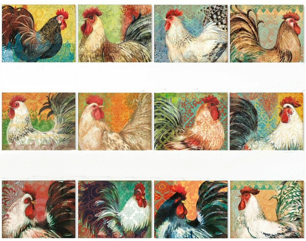 12 Beautiful Susan Winget 1 1/2″ x 1 1/4″ ROOSTER CHICKEN Stickers USA MADE #13