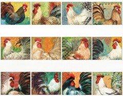 12 Beautiful Susan Winget 1 1/2″ x 1 1/4″ ROOSTER CHICKEN Stickers USA MADE #13