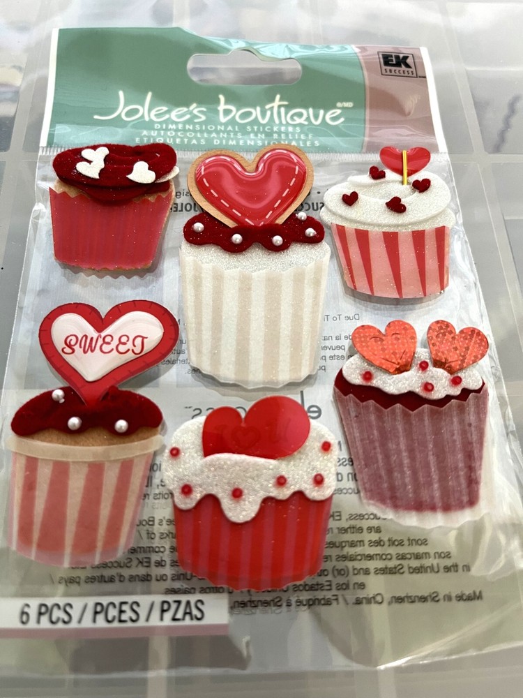 Valentines Jolee’s Cupcake Stickers 6 pcs Ready to use NIP
