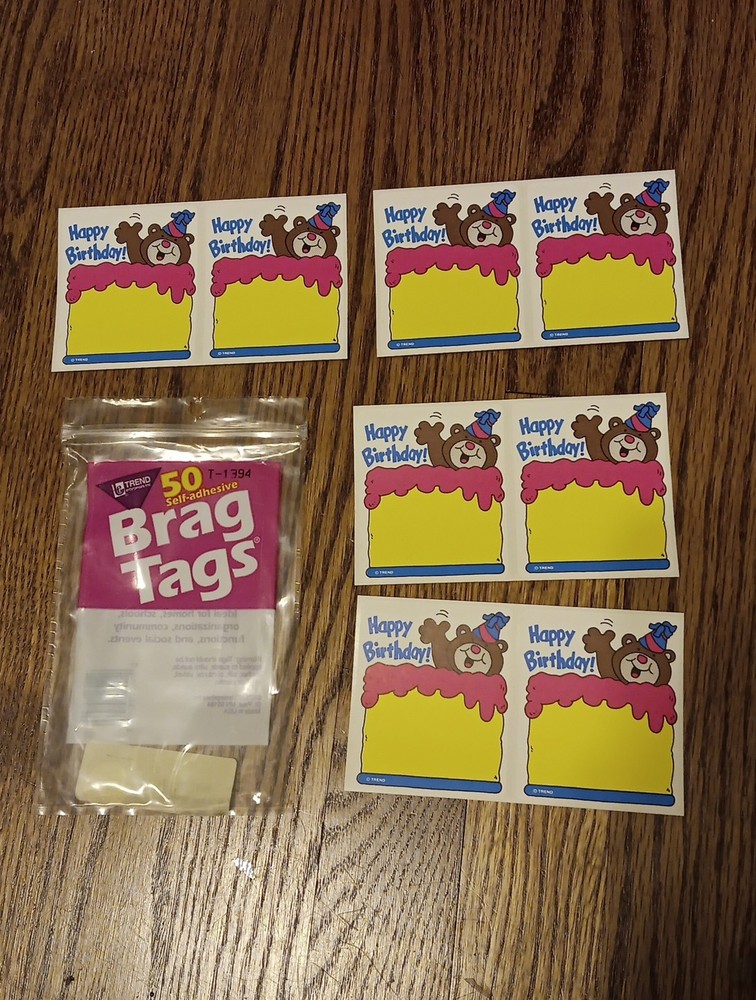 Vintage Trend Happy Birthday Bear Stickers Name Brag Tags Lot Of 8 Cake