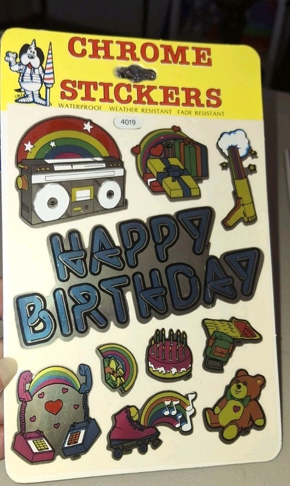 Vintage Stickers BJ Decal Specialties Chrome Happy Birthday RARE 1 Sht 1 Pkg