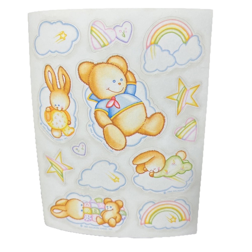 Vintage Hallmark Stickers Bunnies Bear Heart Star Rainbow Cloud Baby 1984
