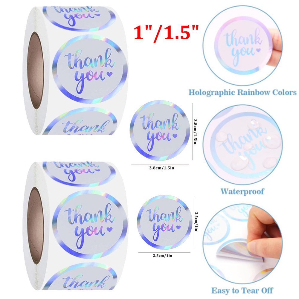 Thank You Stickers 1″/1.5″ Holographic Rainbow Silver Gift Stickers Roll Labels
