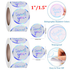 Thank You Stickers 1″/1.5″ Holographic Rainbow Silver Gift Stickers Roll Labels