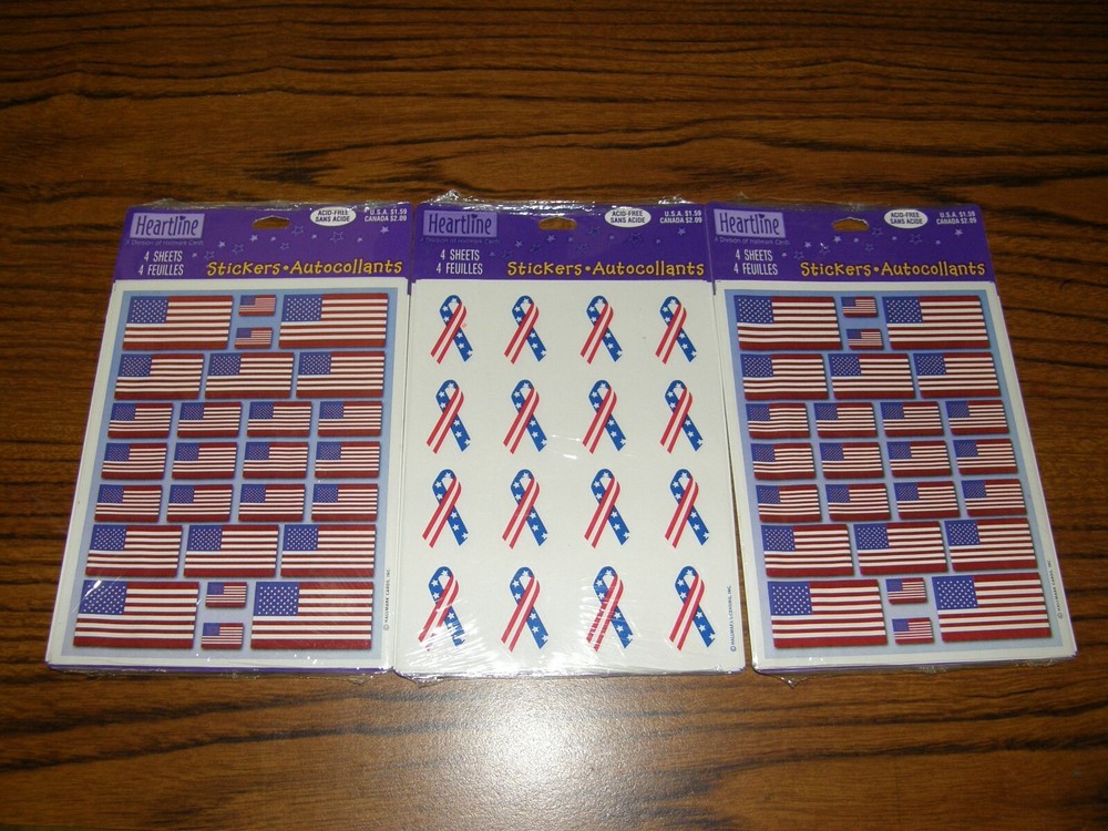 3824) 1 Lot: 3 Packages Stickers Patriotic Flags & Ribbons Heartline New Sealed