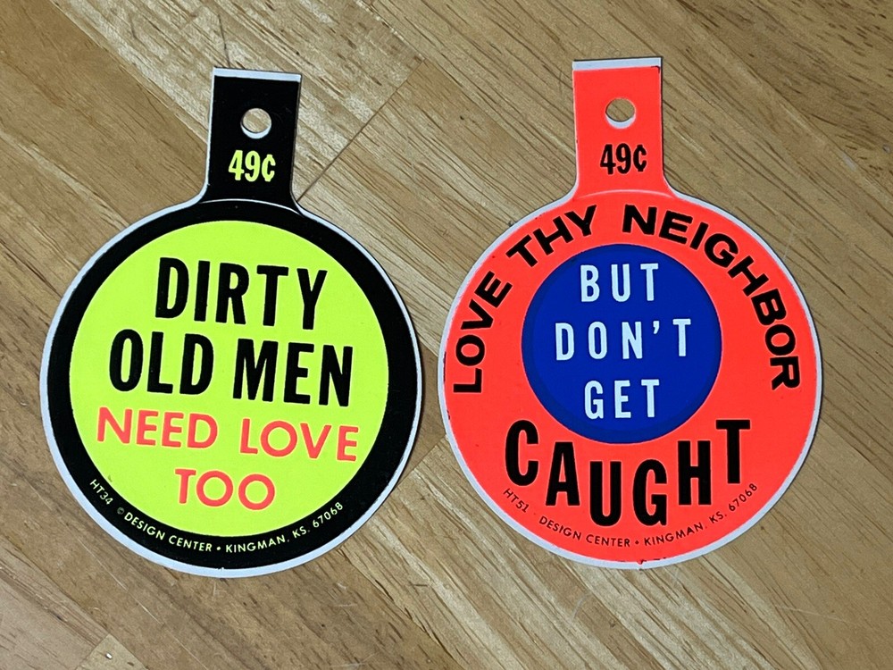 Vintage Set of 1970s Mystery Sticker, Design Center Kansas Dirty Old Men Love 3”