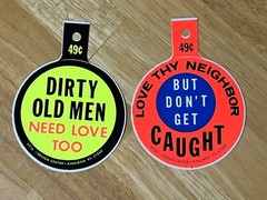 Vintage Set of 1970s Mystery Sticker, Design Center Kansas Dirty Old Men Love 3”