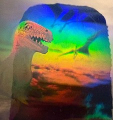 1992 HOLO T-REX STICKER with PTERODACTYL in BACKGROUND-GREAT DEPTH-GREAT COLORS