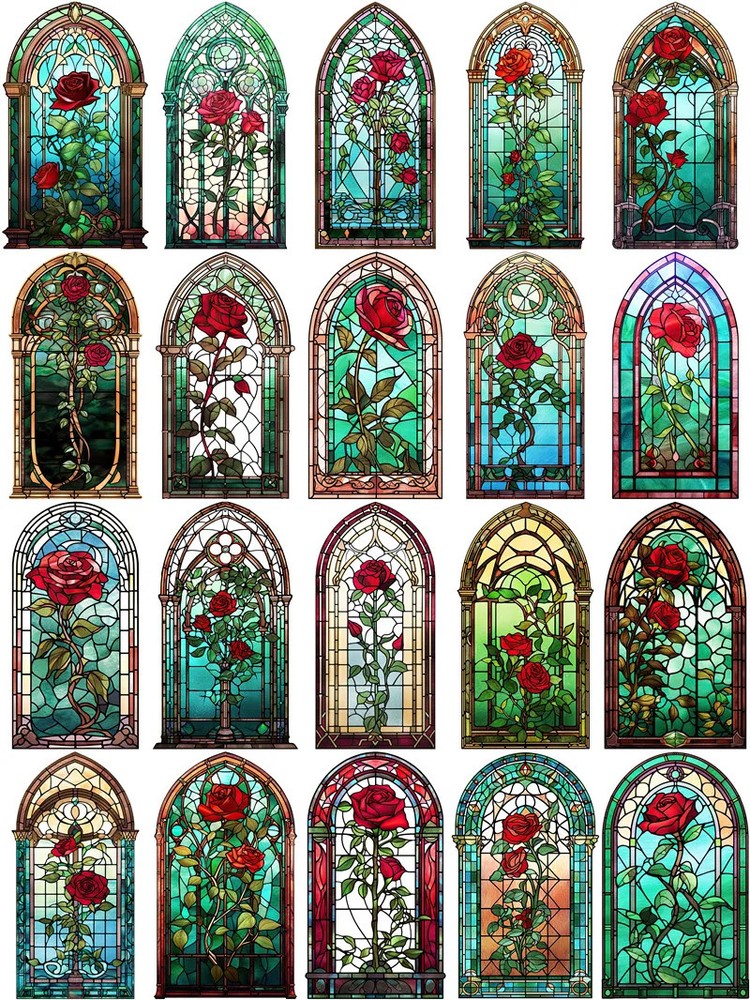 Rose Stained Glass Window Flower Stickers Stationery Journal Scrapbooking Craft