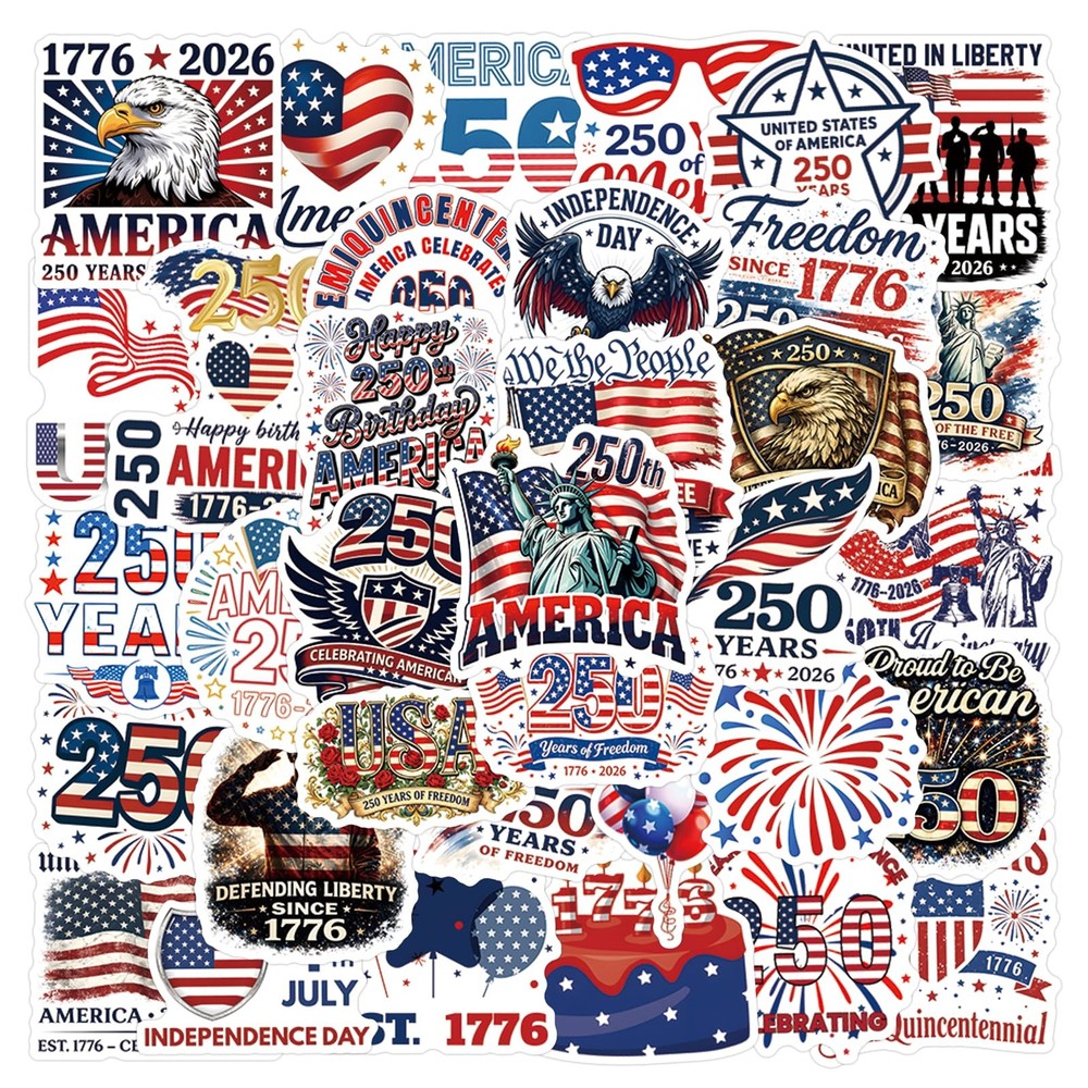 55PCS Patriotic America 250th Waterproof Vinyl Stickers for Laptop Bottle Car