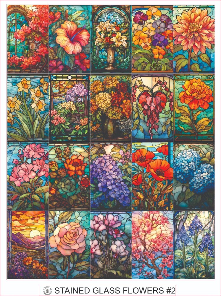 STAINED GLASS FLOWERS #2 – COMPLETE SHEET OF 25 STICKERS