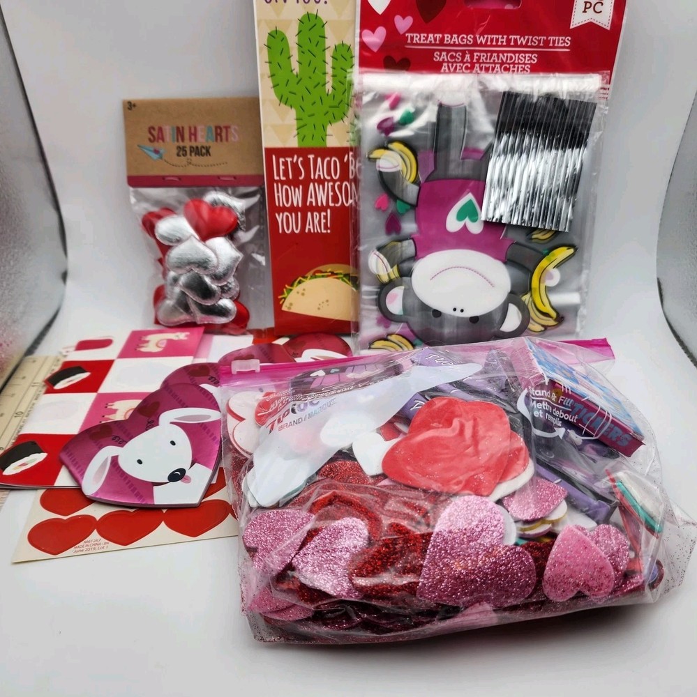 Valentine Craft Lot – Foam & Satin Hearts, Stickers, Treat Bags, Cards Mixed