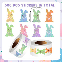 500PCS Easter Bunny Stickers Roll Holographic Glitter Egg Decals for Crafts