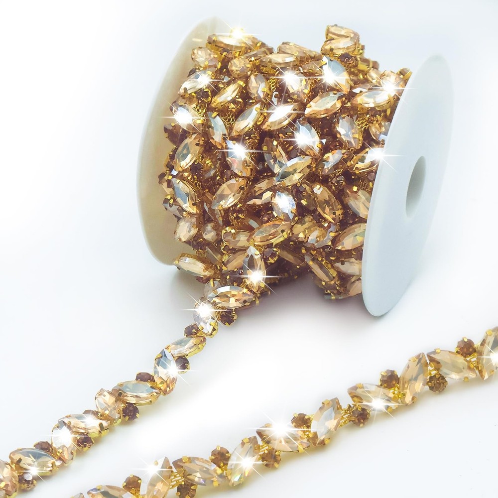 PEARLY JUN 1 Yard Champagne Gold Rhinestone Chain Trim 1 Yard,