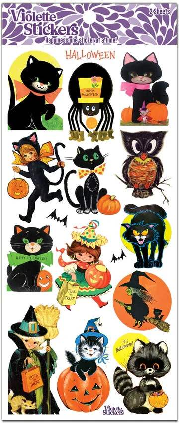 Violette Stickers 2 Sheets Halloween Greetings Cute Kids Witches Black Cats Bats